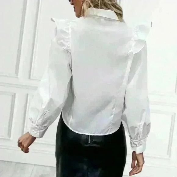 SHEIN Solid Ruffle Trim Button Up Shirt Workwear - Picture 2 of 10